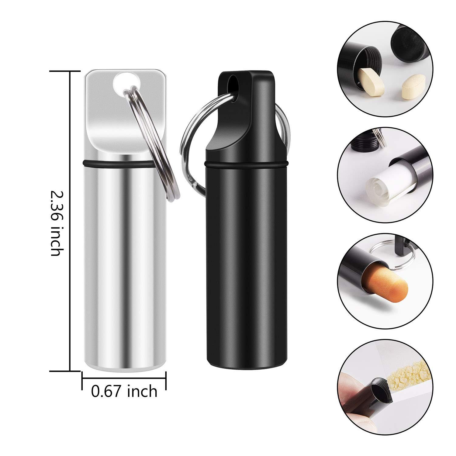 Oupex 2 Pack Small Pocket Pill Box Keychain, Portable Mini Aluminium Alloy Pill Organizer Case Container for Purse, Waterproof Metal Pill Holder Medicine Bottle for Outdoor Camping Travel(Black+Silver)