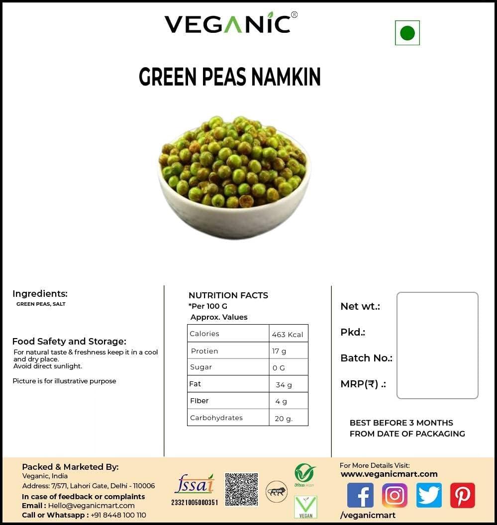 Veganic Veganic Organic Roasted Green Peas (Crunchy) | Salted & Masala Green Peas (Namkeen Matar)| Dried Matar Snacks (400 g)