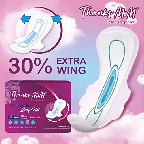 Thanks mom Thanks mom Freedom Plus Dry Net Sanitary Napkin Pads | Extra Wide | Extra Soft with Advanced Leak Protection Sanitary Pad (Pack of 9x20= 180 Pads)