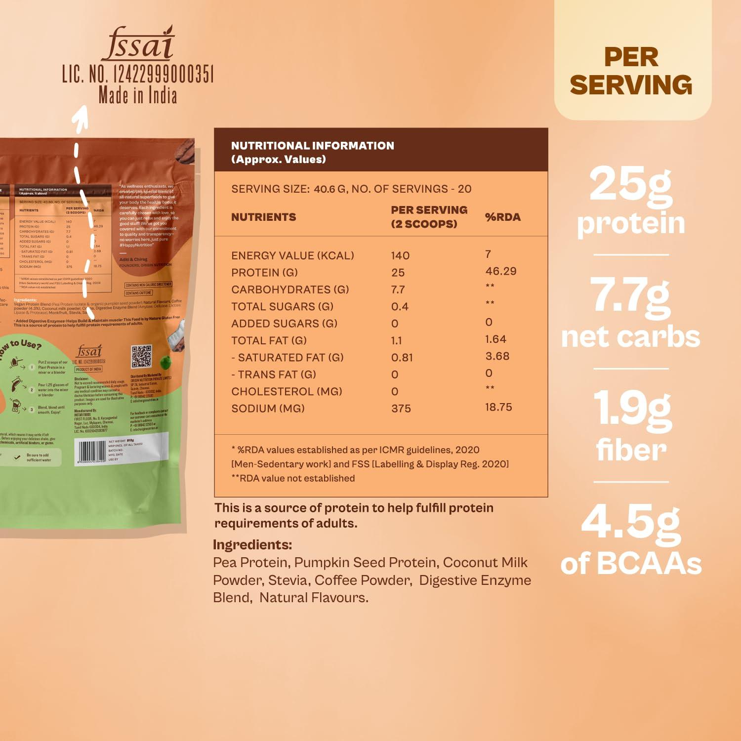 ORIGIN NUTRITION Origin Nutrition 100% Natural Vegan Protein Powder (European Pea Protein Isolate & Pumpkin Seed Protein) Easy to Digest Filter Coffee flavour with 25g Plant Based Protein,812 g