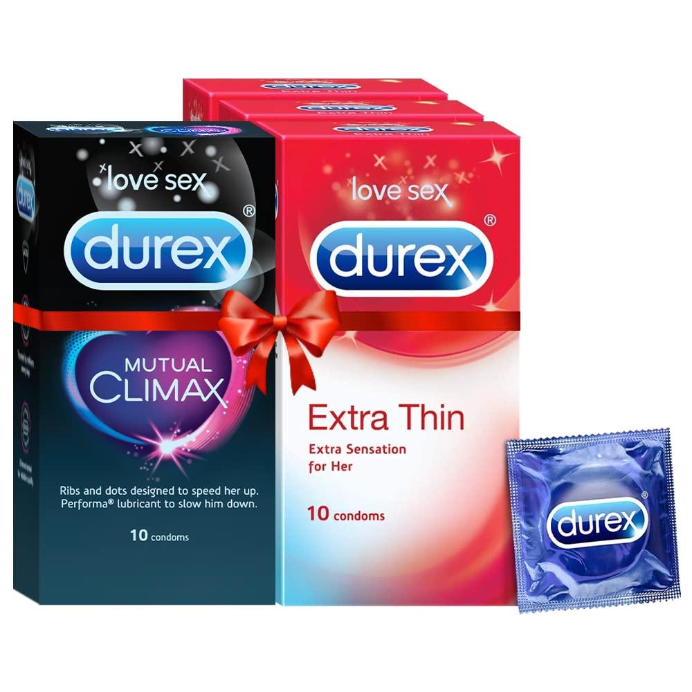 Durex Durex Mutual Climax Condoms for Men & Women - 10 Count | Extra Dotted and Ribbed for Pleasure & Extra Thin Condoms for Men - 10 Count (Pack of 3) | Suitable for use with lubes & toys