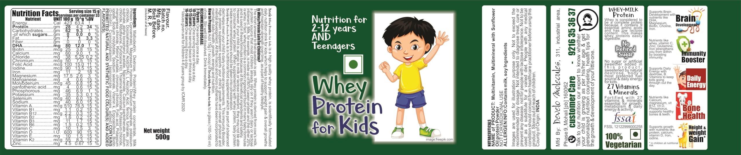 DEVELO Develo Whey Protein Powder for Little Kids, 2-12 years, Adolescent Children & Teenager Boys & Girls - 500g kesar Badam Flavour