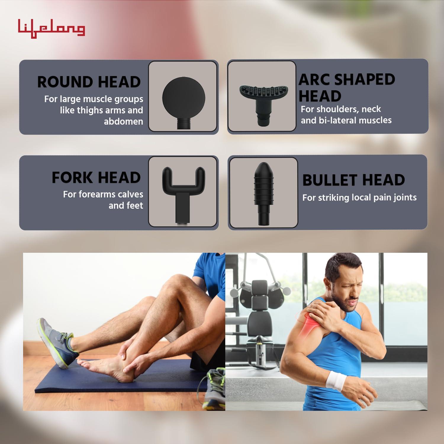 Lifelong Lifelong Gun Massager for Pain Relief with 8 Massage Heads & LCD Touch Display - Battery Powered - Deep Tissue Massage with 6 Speed Settings for Percussion Massage for Full Body (LLGM171, Black)