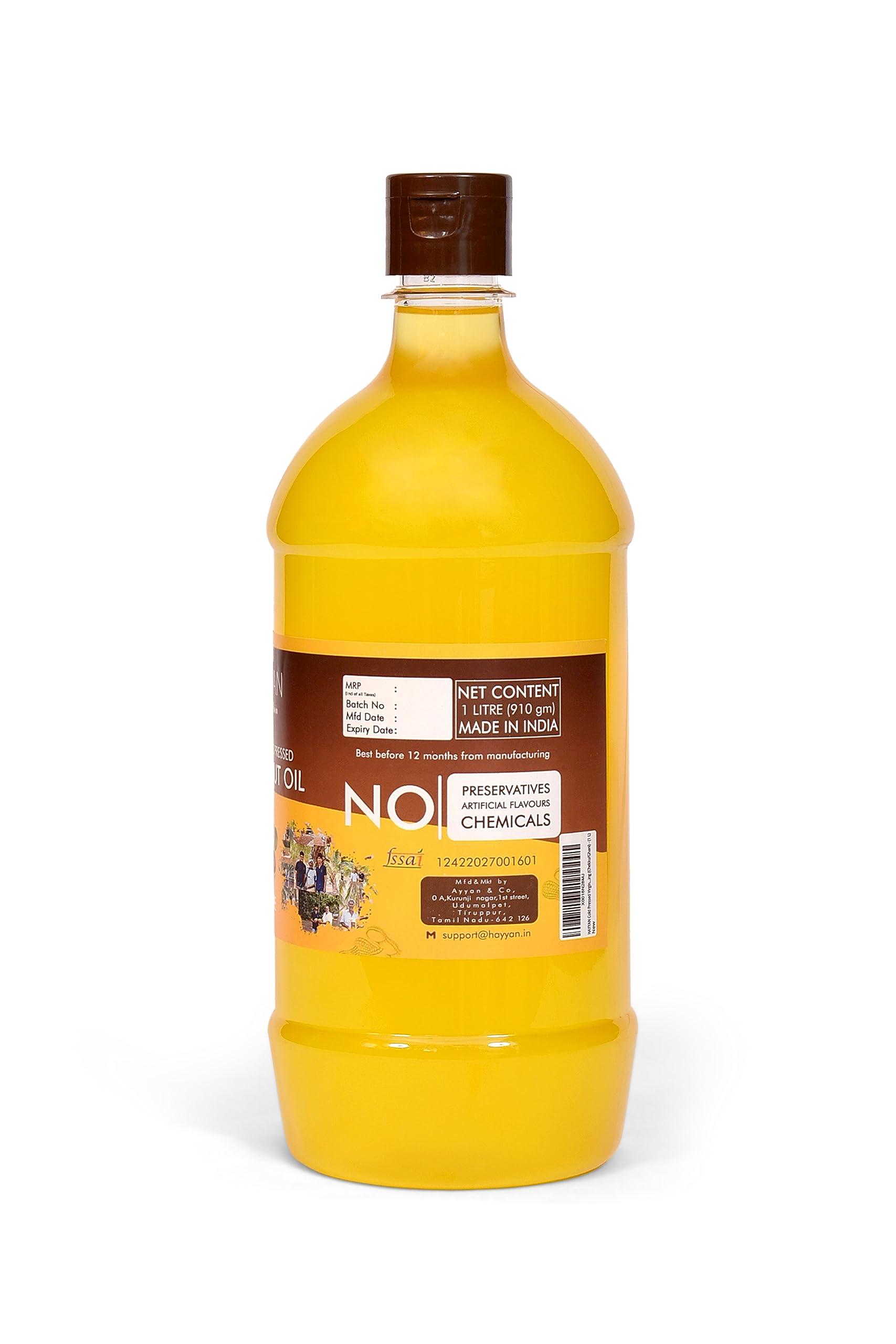 HAYYAN HAYYAN 100% Pure Unrefined Cold/Wood Pressed Virgin Groundnut Peanut Oil 1 Liter - for Cooking (Chekku/Kacchi Ghani)