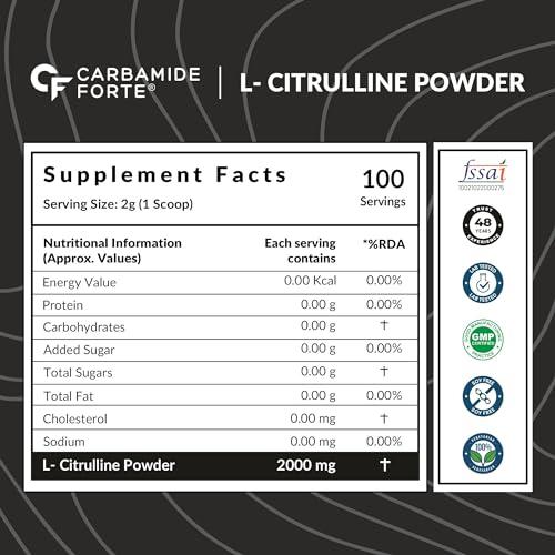 Carbamide Forte Carbamide Forte L Citrulline Powder 2000mg | Boosts Nitric Oxide, Pre Workout Supplements for Men & Women - Unflavoured - 100 SERVINGS - 200g