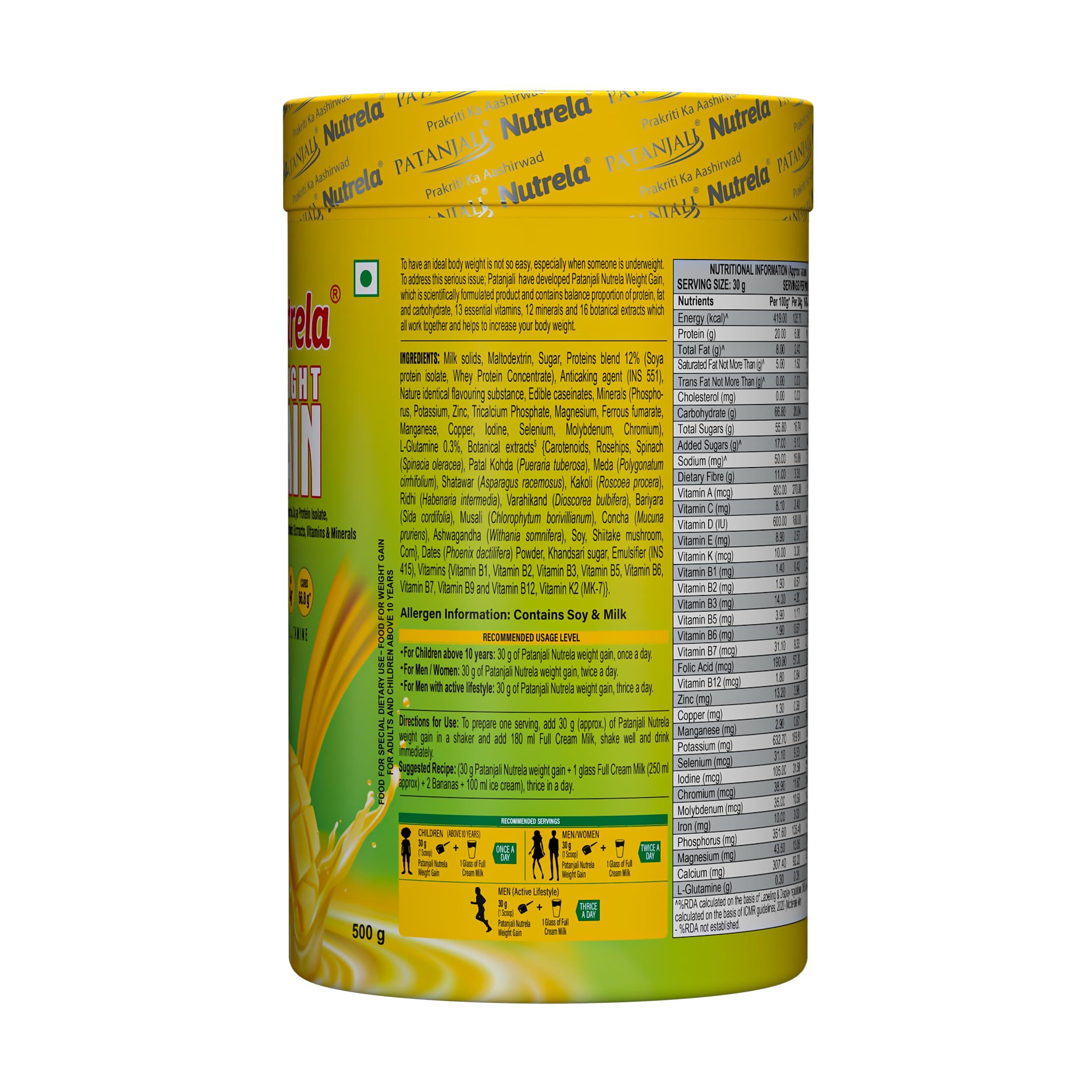 NUTRELA Nutrela Weight Gainer Powder - 500 gram, Mango Flavour | 20g Protein, 66.8 Carbs, 13 Vitamins & 12 Minerals with Khandsari Sugar | Ideal for Athlete, Men, Women & Kids above 10 Year