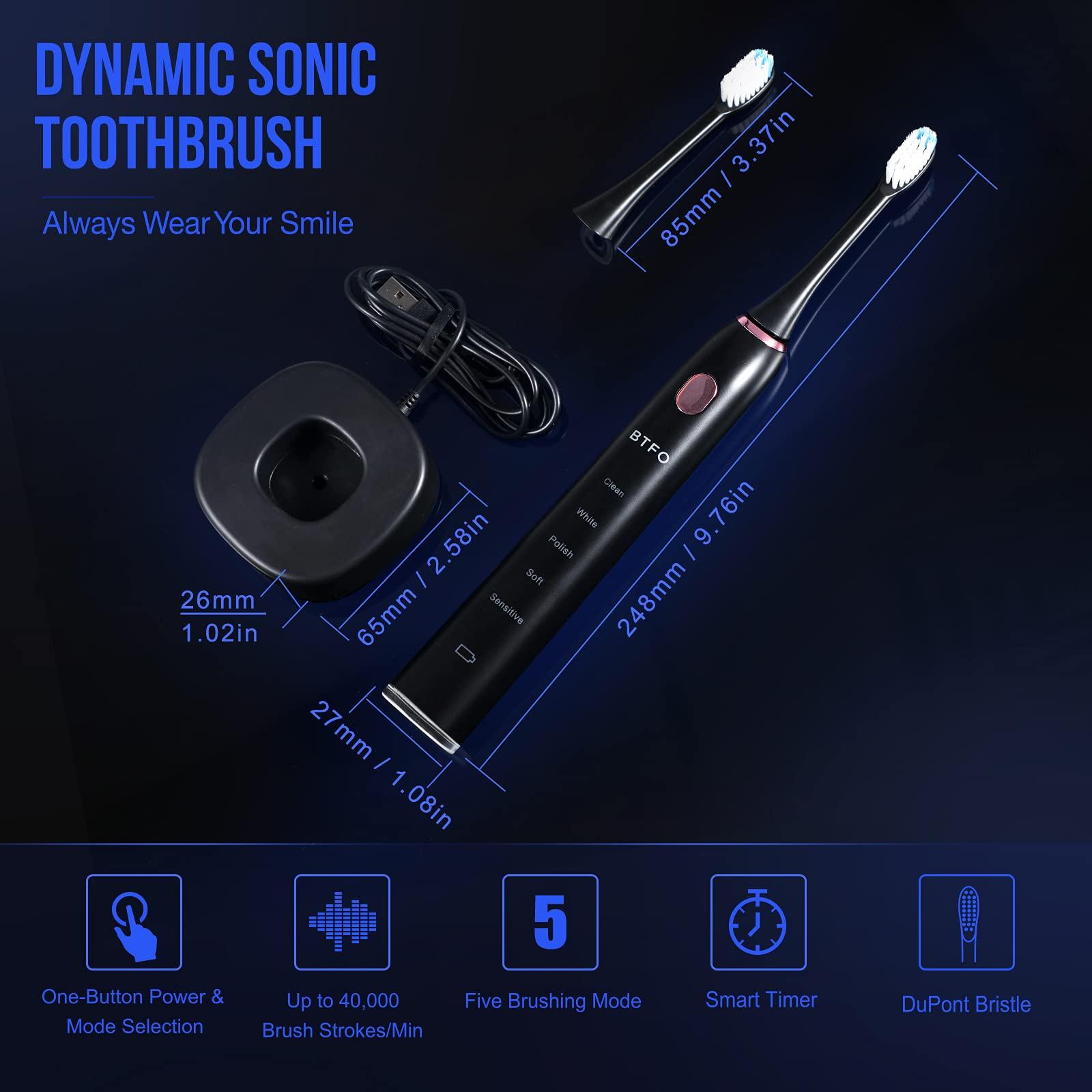 BTFO BTFO Sonic Electric Toothbrush with 5 Modes, 2pcs Replacement Brush Heads USB Rechargeable Smart Electronic Toothbrush with Holder for Adults IPX7 Waterproof Smart Timing Fast Charging (Black)