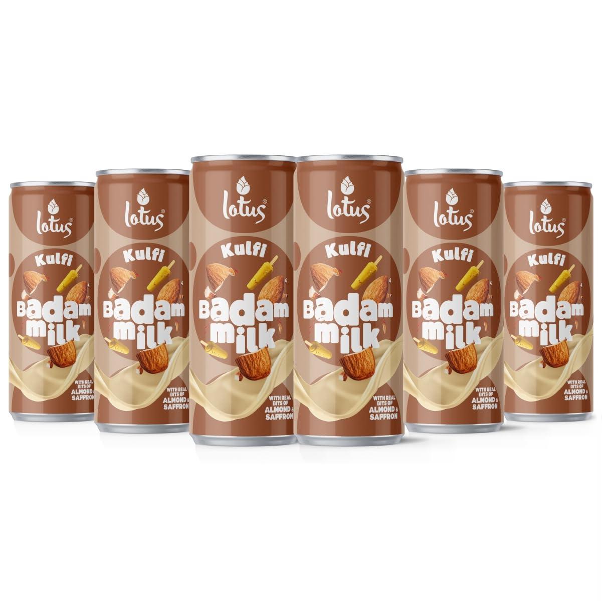 Lotus Lotus Kulfi Badam Milk, 180 ML Can | Pack of 6 | With Real Bits of Almonds and Saffron | No Preservatives | No Artificial Flavours and Colors | Rakhi Gift for Sister and Brother