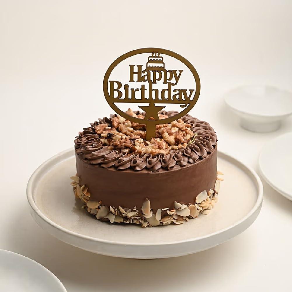 Floweraura FlowerAura Delicious Silky Smooth Fresh Choco Walnut Cake For Birthday With Happy Birthday Topper Gift\'s For Girlfriend, Boyfriend, Husband, Wife, Friends, Colleagues (Same Day Delivery)(0.5Kg)