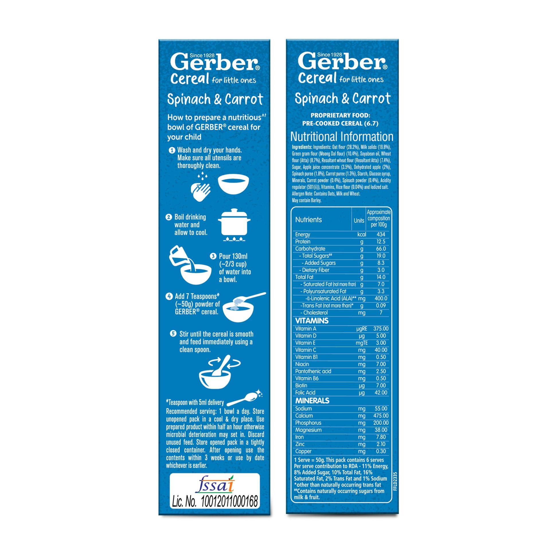 GERBER GERBER Cereals - Spinach & Carrot | Instant Cereal For Kids | 2-6 Years Of Age | Rich In Protein | With Iron & Omega-3 | No Added Colours Or Flavours | 300G