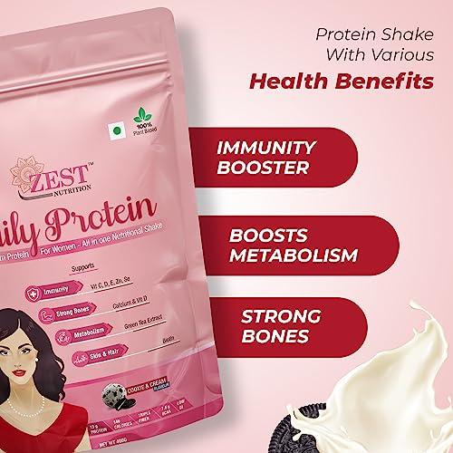 ZEST NUTRITION Zest Nutrition Premium Protein Powder for Women Wellbeing, Natural Daily Health Drink with 31 Vital Nutrients, Green Tea Extract, Sugar Free, Vegan Cookies & Cream Flavour – 400g each (Pack of 2)