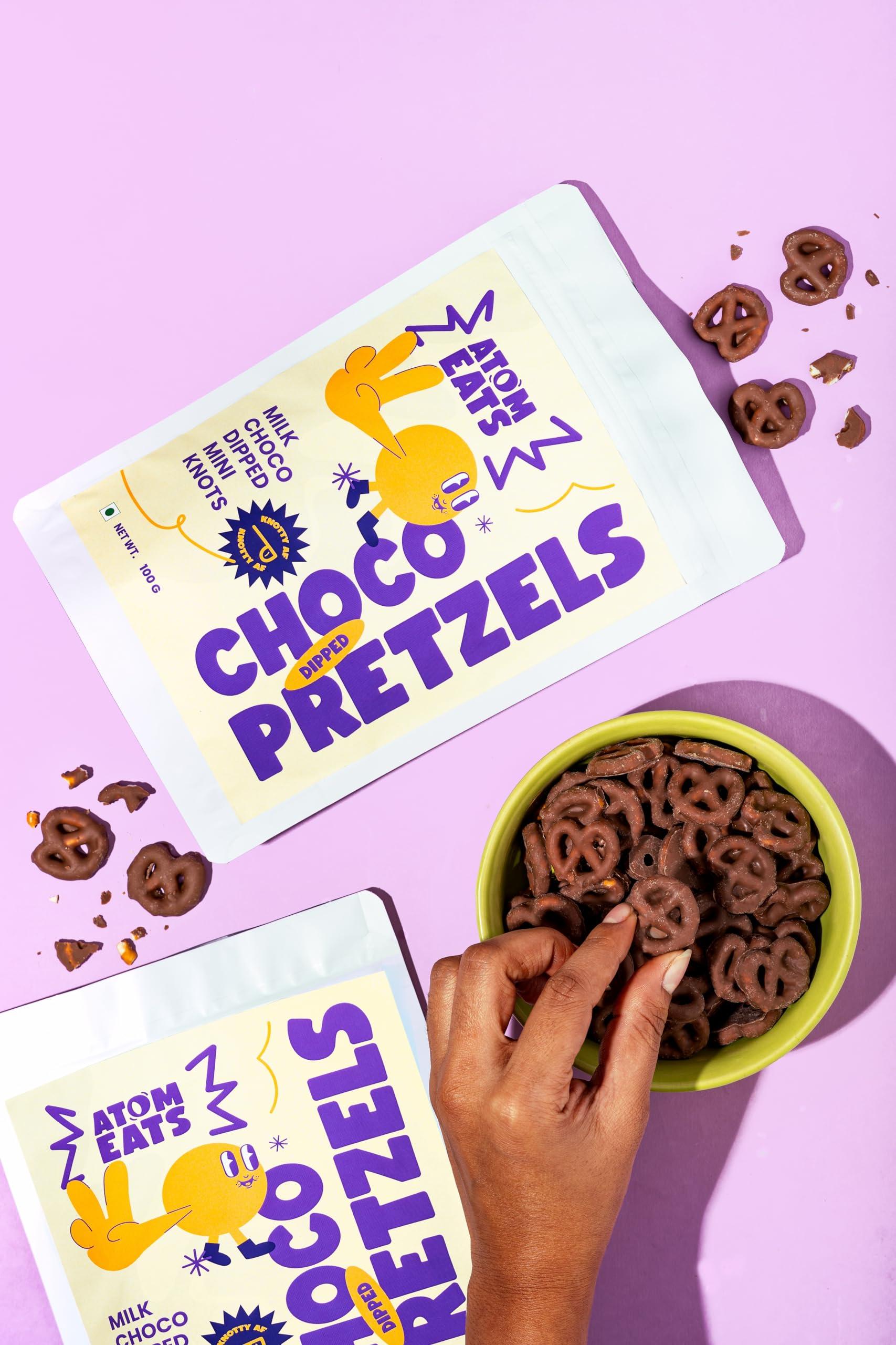 Atom Eats Atom Eats | Milk Choco Dipped Pretzels: Choco Dipped Mini Salted Pretzel Knots 100g - Rich Milk Chocolate - Perfect Snacks for Sharing, Parties - Imported Chocolates, Versatile Delight