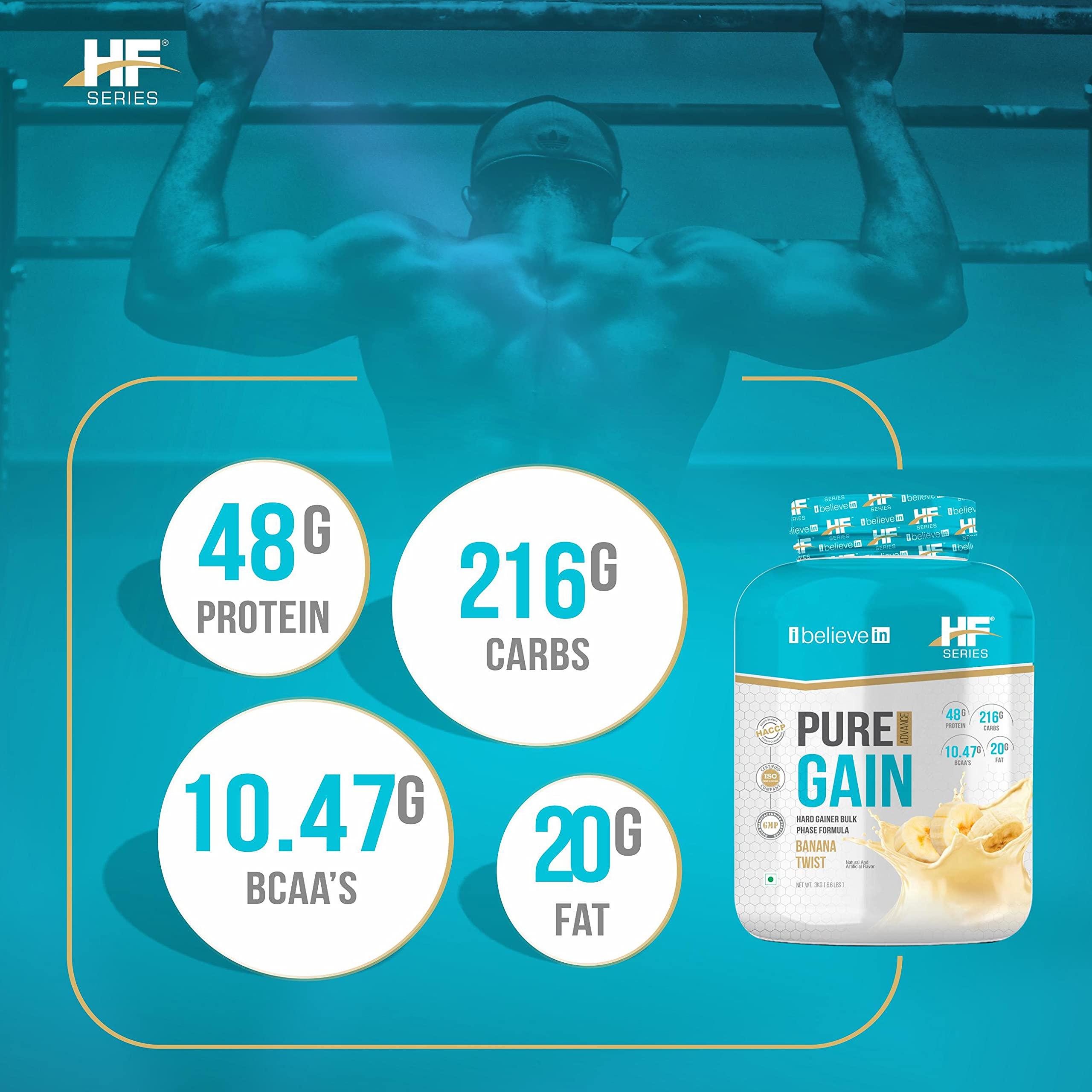 HF Series HF Series Pure Gain Mass Gainer Powder | High-Calorie | Weight Gainer Powder | 48g Protein | 11.01g BCAAs | 8.66g Glutamic Acid | Banana Twist | 3kg / 6.6lbs
