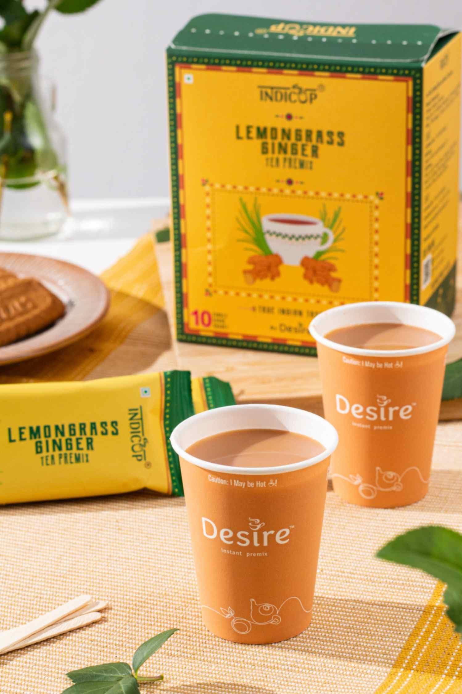INDICUP Indicup Lemongrass Ginger Tea Instant Premix, Pack of 2-20 sachets (280gms), Instant tea mix, Refreshing taste (2 box - 10 sachets in each)