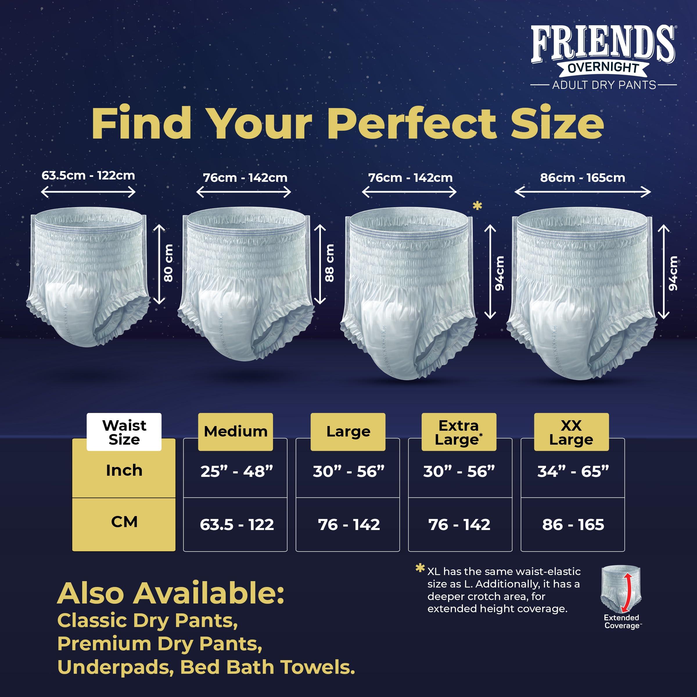 Friends Friends Overnight Adult Diapers Pants Style - 40 Count (Double Extra Large) with odour lock, Unisex, Leakproof, Elastic Waist and Anti-Bacterial Absorbent Core - Waist Size 34-65 Inch; 86-165 cm