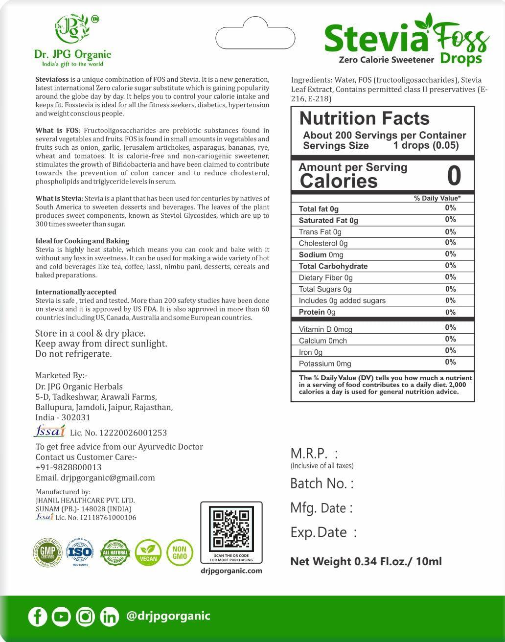 DR. JPG ORGANIC FOODS & HERBALS Dr. JPG Organic Stevia Drops Liquid 10ml / Extract Stevia Drops/Pure Natural Plant Based Sweetner/Natural Sweetner. (Pack of 3)