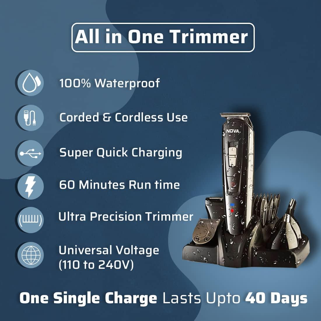 Nova Nova NG 1151 All in One 100% Waterproof Corded n Cordless: 60 Minutes Runtime Grooming Kit For Men (Black)