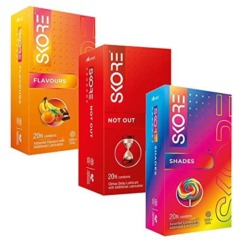 Skore Skore Delay Climax Condoms - 20 Count (Not Out, Shades, Flavours)