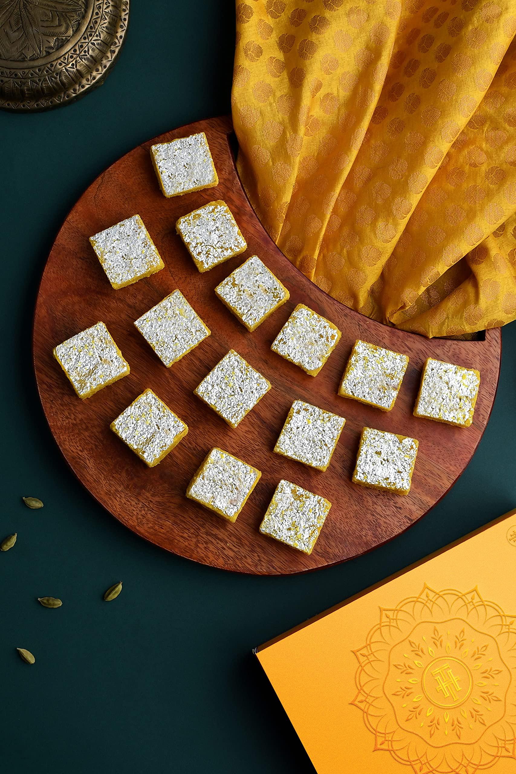 Hamam Dasta Rakhi for brother and bhabhi with sweets Anjeer Chakkar Dry Fruit Ladoo Moong Thaal Rose Katli 1Kgs by The House Of Treats Premium Yellow Rakhi gift for brother with sweets Rakhi Combo Pack