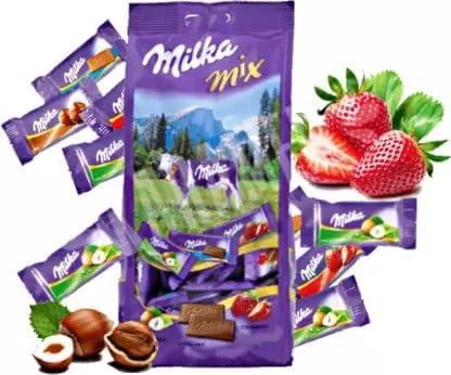 Generic Milka Mix Milk Chocolate With Alpline Milk & Flavoured Filling Strawberry, Hazelnut Smooth And Delicious 51 Pieces Chocolate 250gm