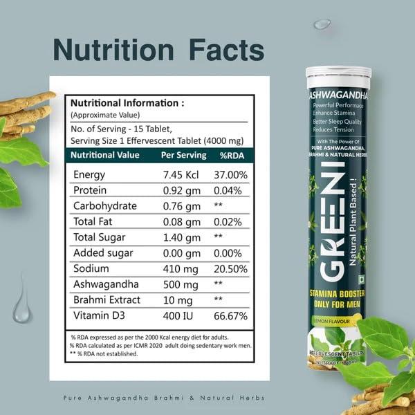 Greeni Greeni Ashwagandha Effervescent Tablets with Brahmi and Natural Herbs (Pack of 4, 60 Tablets)