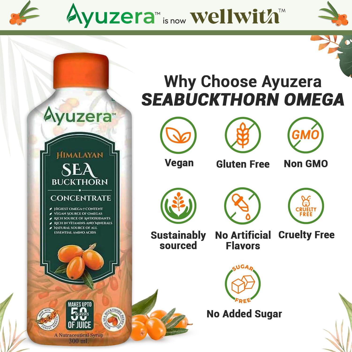 Ayuzera Ayuzera Himalayan Sea Buckthorn Pulp 300ml | Plant Based Vegan Omega 3, 6, 7 and 9 | Vegetarian Liquid Supplements | No Fish Oil | Veg, Natural & Organic | Makes up to 50 Glass Juice | Rich in Omega 7, Antioxidants, Vitamins (300ml, Pack Of 1)