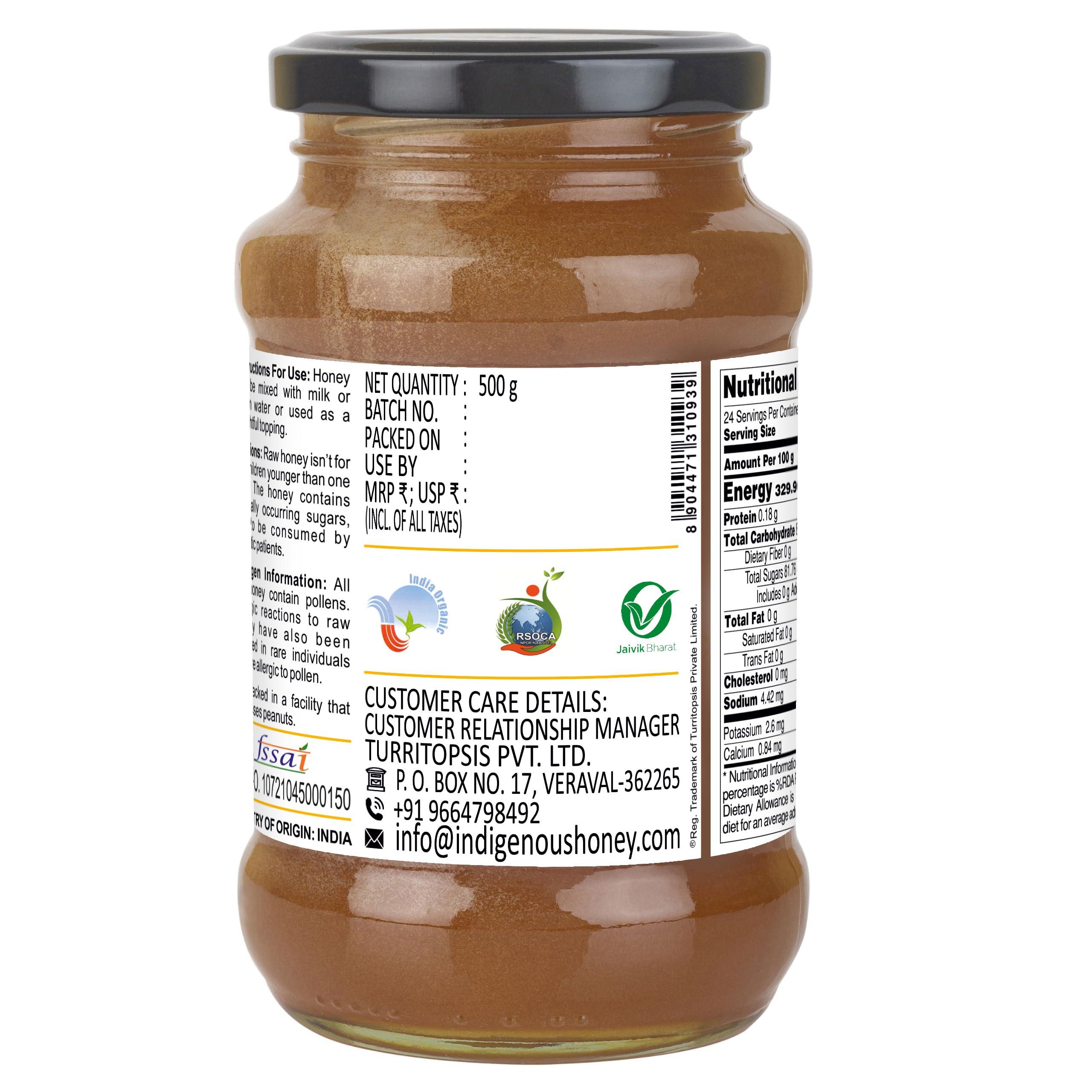 INDIGENOUS HONEY INDIGENOUS HONEY Raw Organic Honey Unprocessed Unfiltered Unpasteurized Pure Natural Original Honey - 530 Grams Glass Jar (Pack of 2)