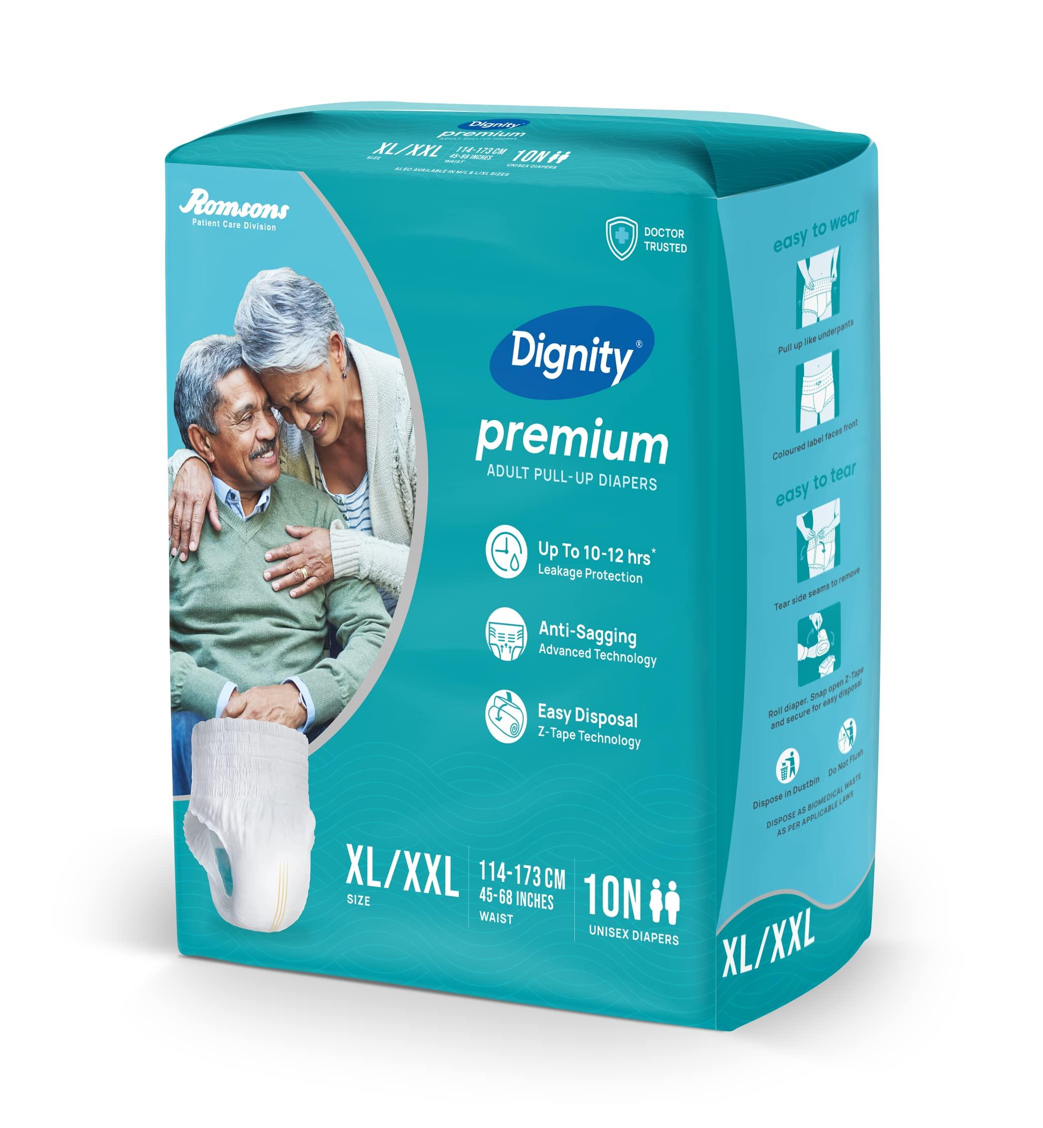 DIGNITY Dignity Premium Pull Up Adult Diapers Pant Style - 10 Count (XL-XXL) with Soft Elastic and Extra Absorbent Core, Waist Size 45\" - 68\", 10 Pcs/Pack (Pack of 1)