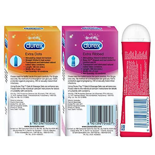 Durex Pleasure Packs (Durex Extra Dots 10s, Extra Ribbed 10s, Extra Dots 10s, Extra Ribbed 10s, Strawberry 50 ml)