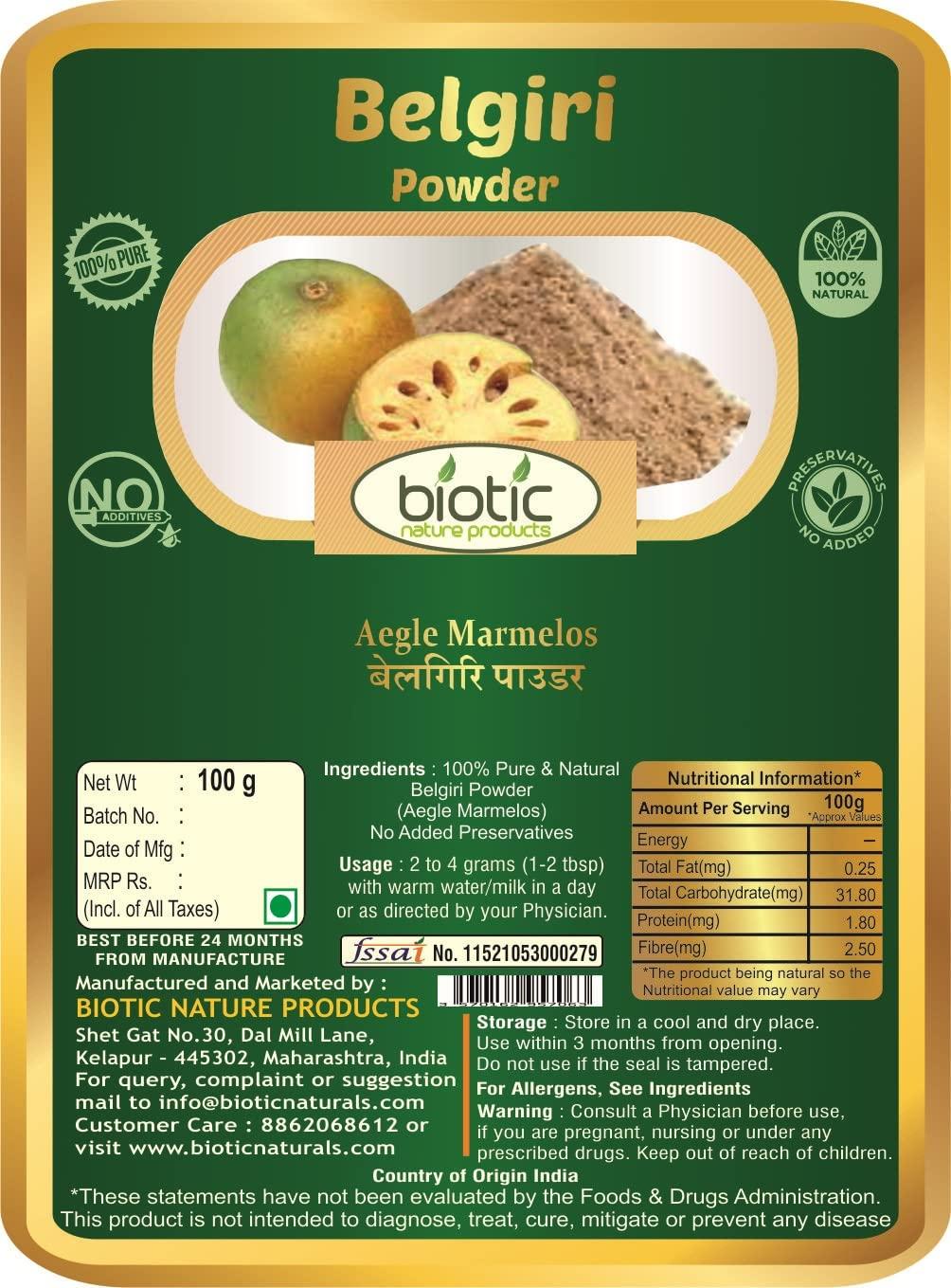 Biotic Biotic Natural Belgiri Powder - Aegle Marmelos - Bealgiri Powder - Bael Phal Dry Powder - Bel Powder - Wood Apple - 200 gm