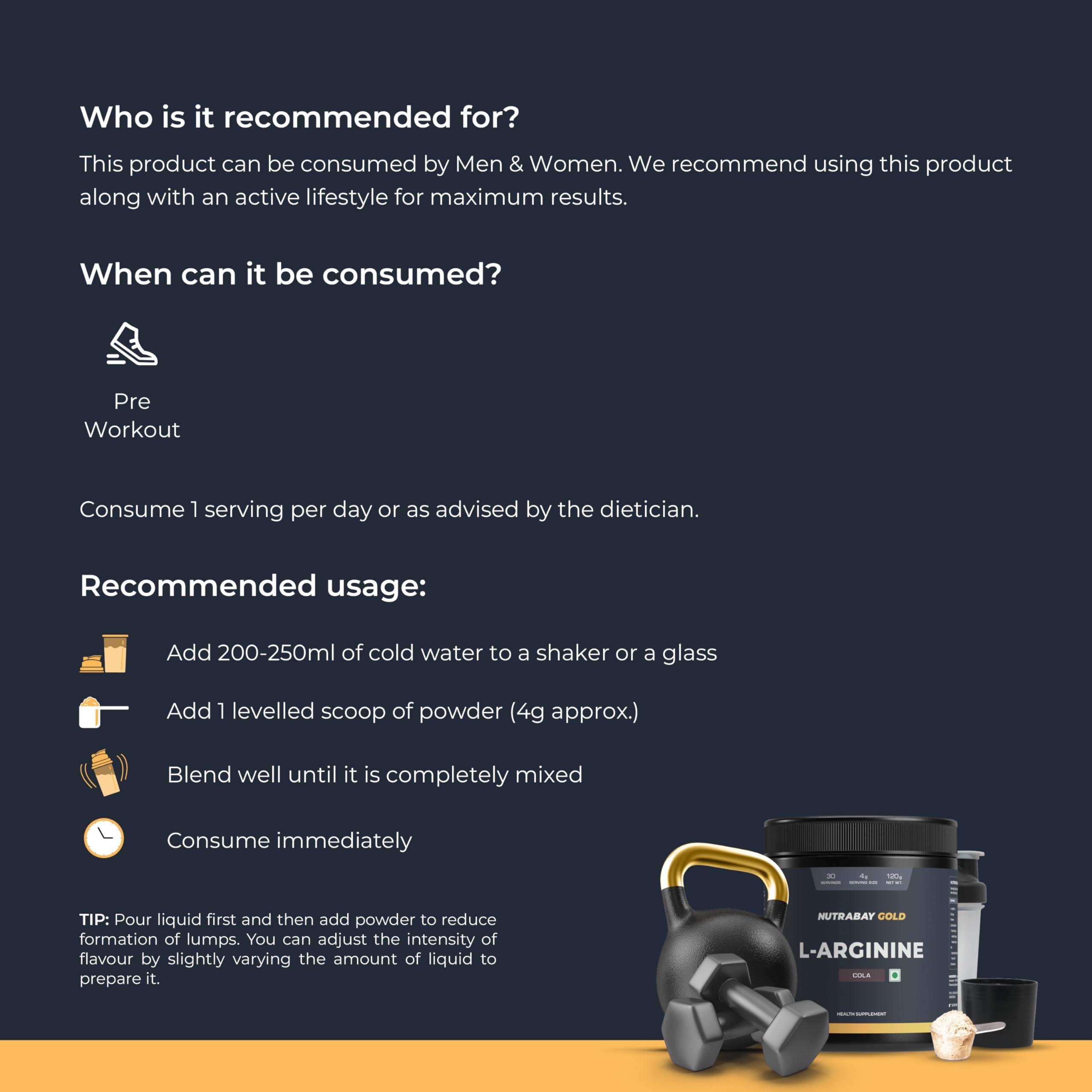 Nutrabay Nutrabay Gold L-Arginine Supplement Powder - 120g, Cola Flavor | Pre Workout Amino Acid for Endurance, Muscle Building & Faster Recovery