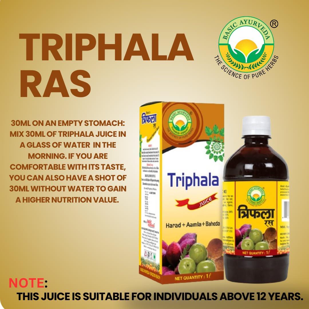 BASIC AYURVEDA BASIC AYURVEDA Triphala Ras (Juice) 1000 Ml | Ayurvedic Supplements For Digestive Health | Pleasent Natural Taste First Press Virgin Juice | Prepared From Fresh Harad, Baheda, and Amla