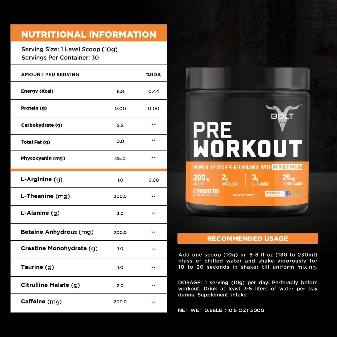 Bolt Bolt Nutrition Pre Workout Supplement With Caffeine Powder, Citrulline Malate, B-Alanine, Taurine For Explosive Energy, Pump & Focus 300G,30 Servings Blue Berry Blast