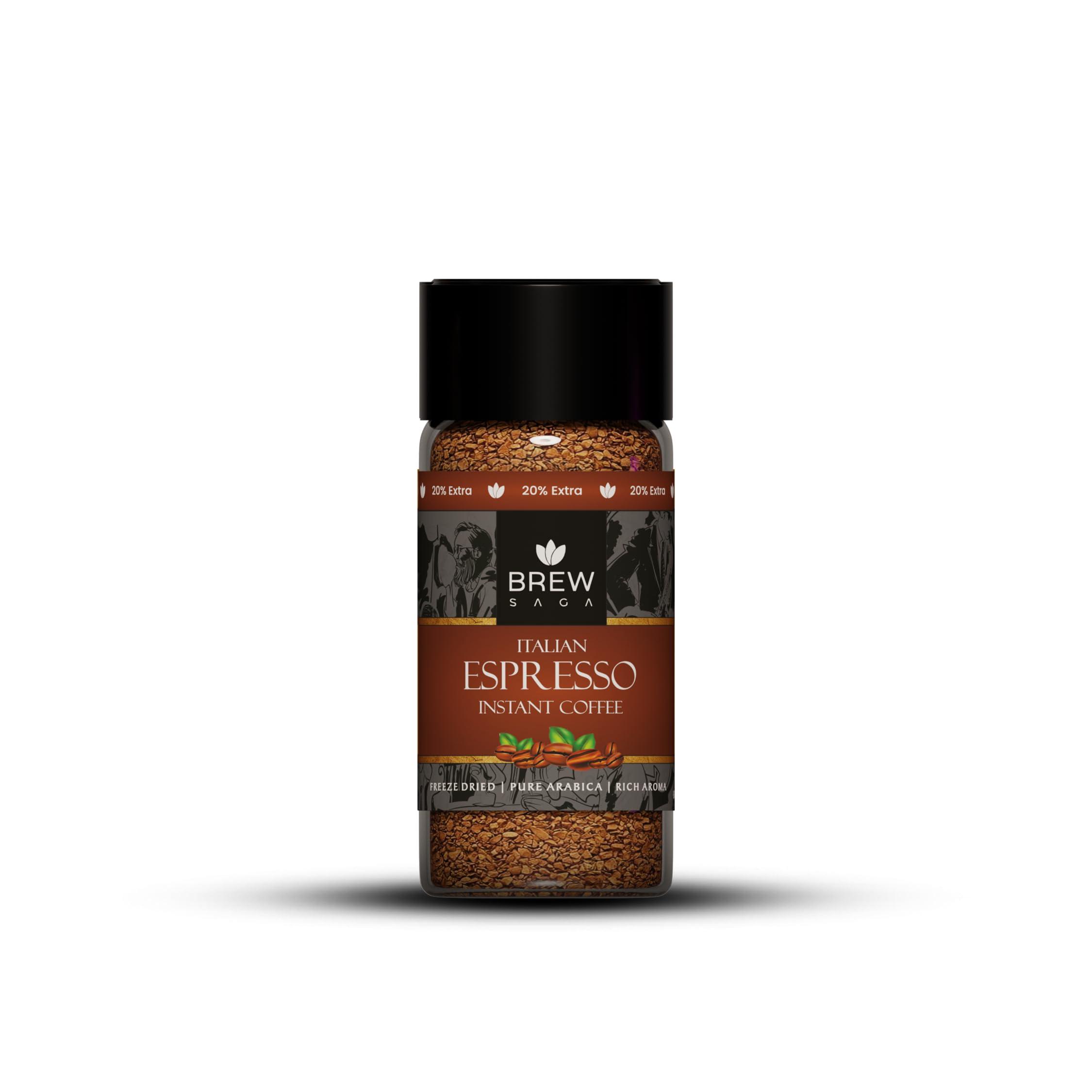 BREW SAGA BREWSAGA Italian Espresso Instant Coffee | 100% Arabica | Freeze-Dried | Flavoured Coffee | No Added Sugar | Makes 30 Cups | 60 Gram