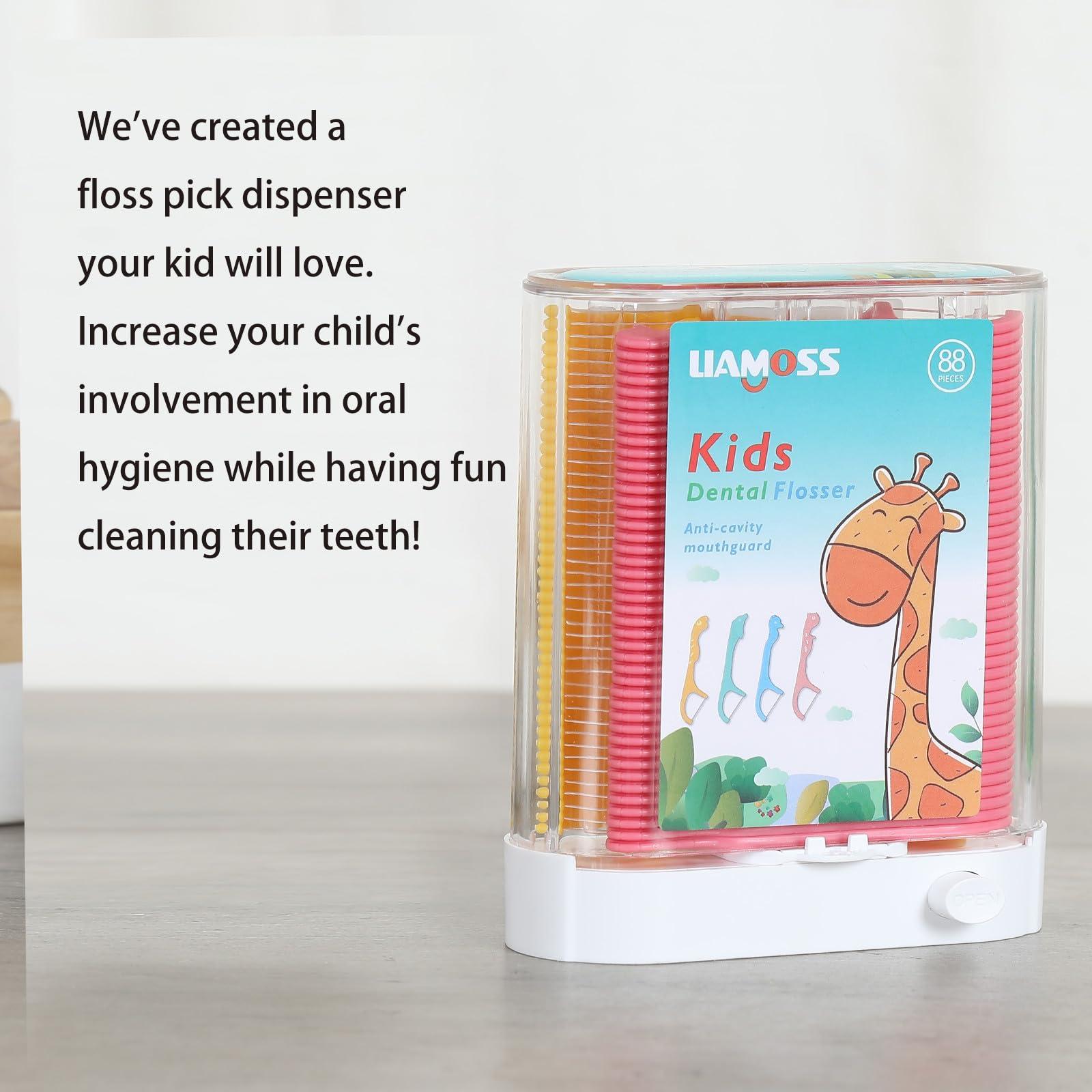 LIAMOSS Kids Flossers Dispenser,LIAMOSS Dental Floss Picks Pink+Yellow,Colorful Animal Shape Make Flossing Fun,Prevent Tooth Decay,1 Box 88 Count Clean&Hygiene,Ages 3+
