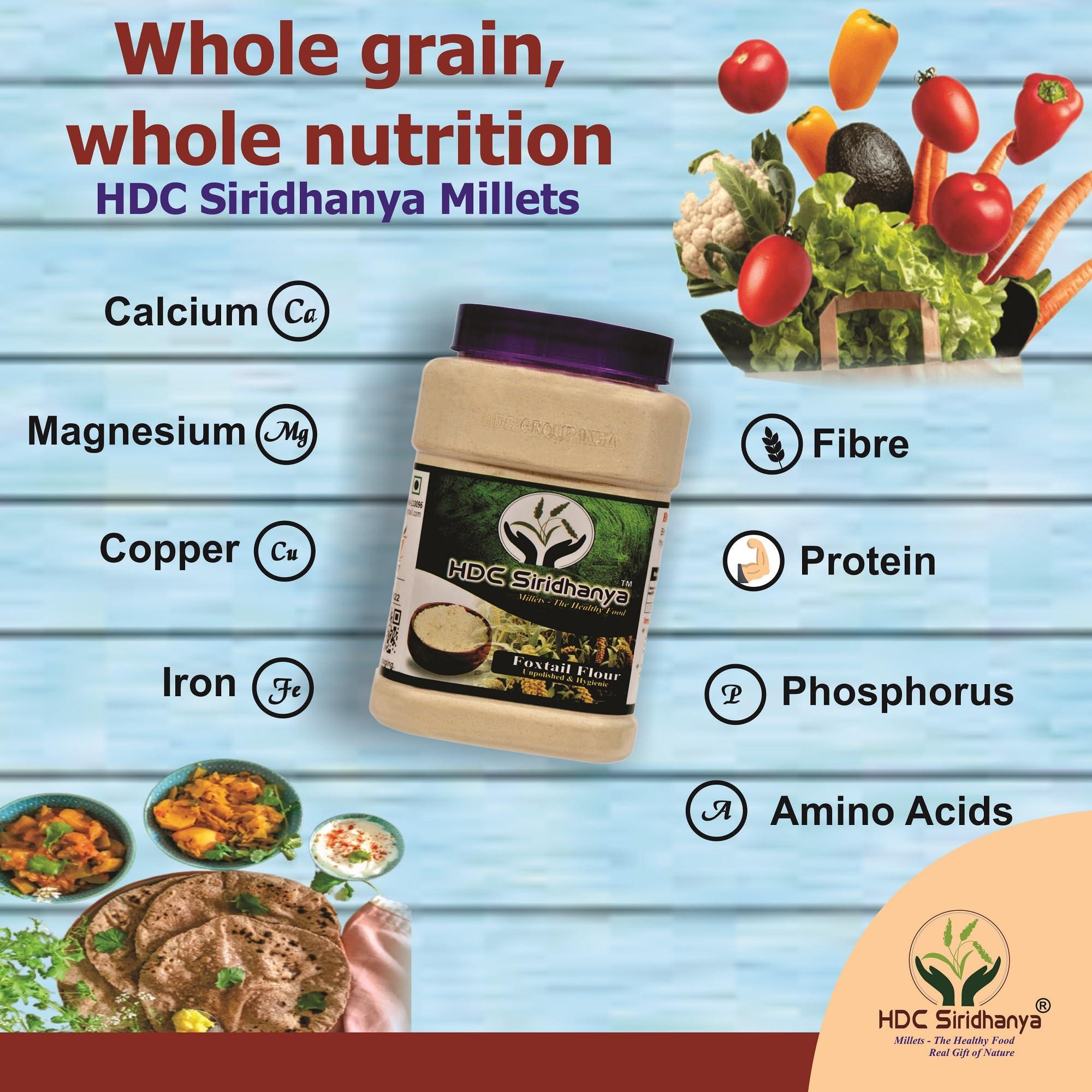 HDC Siridhanya Siridhanya Unpolised and organic millets Flour Combo Pack of 5, [Kodo, Foxtail, Browntop Barnyard, and Little Millet], Natural Farm Produce, High Fiber Millets Flour (750gm Each packed in jar)