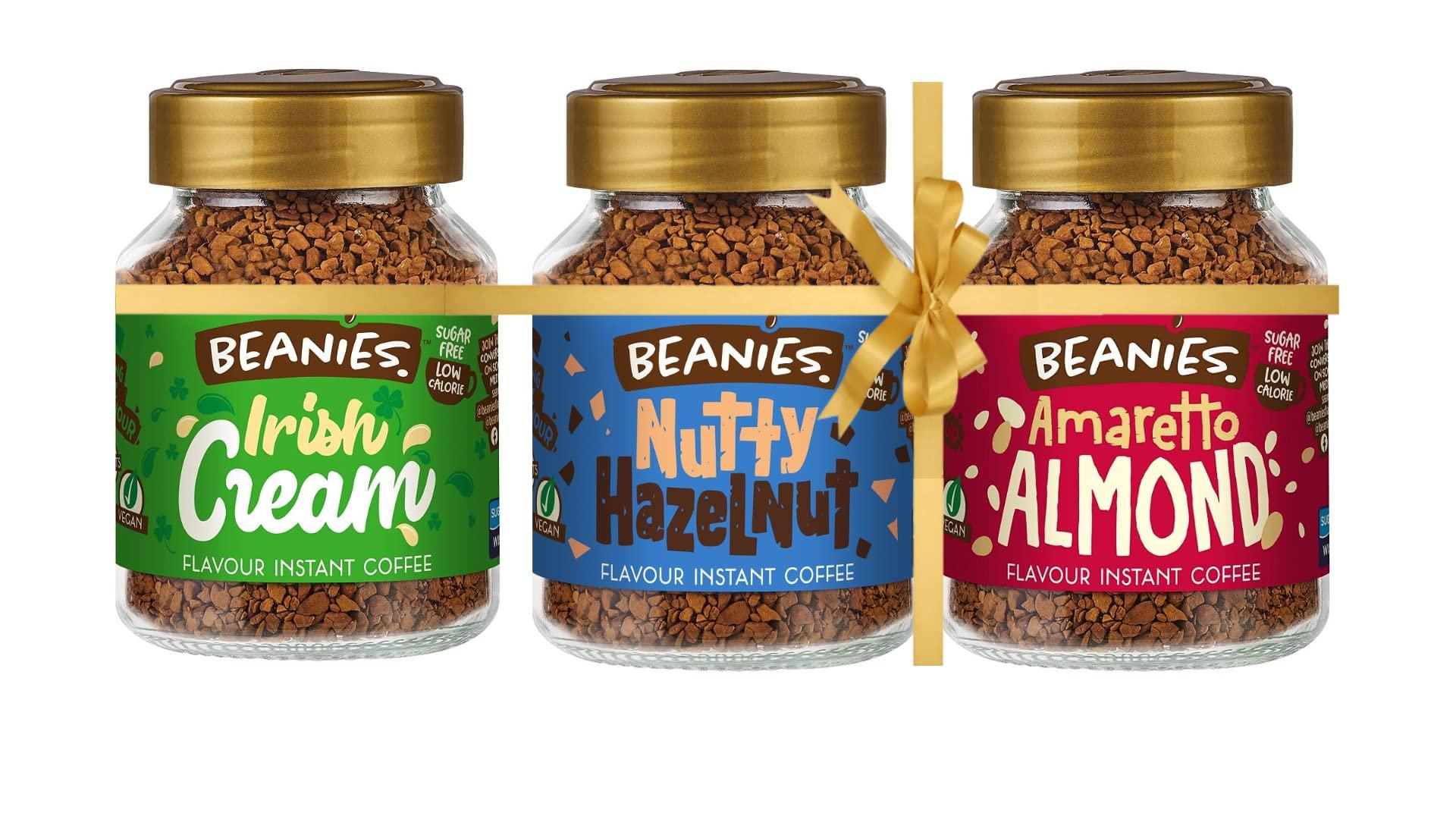 Beanies The Flavour Co Beanies|Instant Flavoured Coffee |Irish Cream 50g, Nutty Hazelnut 50g, Amaretto Almond 50g|Low Calorie, Sugar Free|Pack of 3