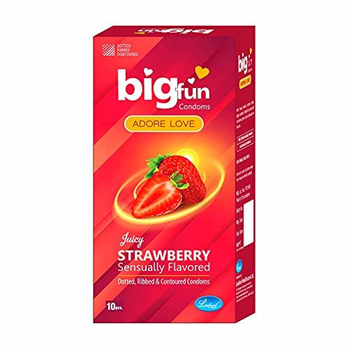 BIGFUN Bigfun Flavoured Dotted, Ribbed & Contoured Long Last Condoms For Men Count 10 - Total 30 Pcs (Juicy Strawberry, Pack of 3)