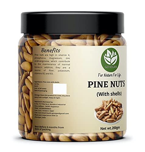 Go Vegan Go Vegan Pine Nuts With Shell - 200gm | Chilgoza Inshell Dry Fruit, Pine Seeds Jambo Size [Jar Pack]