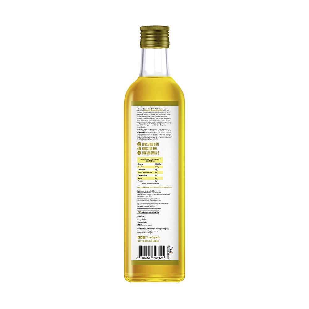 Turn Organic Turn Organic Ground Oil Cold Pressed | Organic Groundnut Oil in Glass Bottle, 500ml