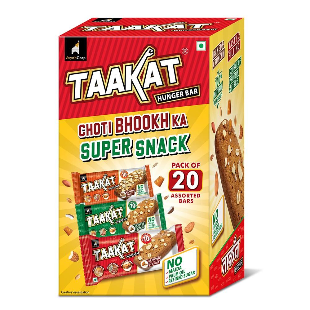 Taakat Hunger Bar Taakat Hunger Bar - Assorted Box of 20 bars (10 bars of Almond Delight, 5 bars of Namkeen Masti and 5 bars of Crunchy Coconut) | Multigrain | Nuts & Seeds | Pure Jaggery | Source of Protein & Fiber | No Maida | No Palm Oil | No Refined Sugar | Baked