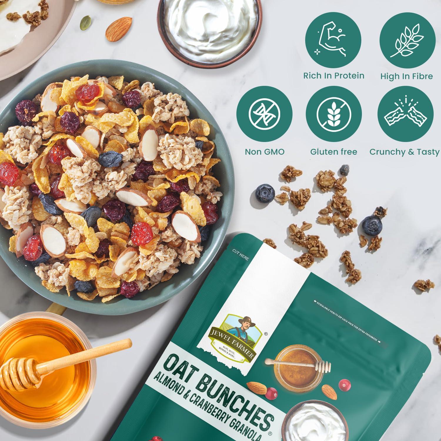 JEWEL FARMER Jewel Farmer Oat Bunches Almond & Cranberry Crunchy Granola 200gm With Multigrains | No Preservative | Vegan & Plant Based | High in Fibre & Protein | Breakfast Cereal Can Be Consumed As Muesli