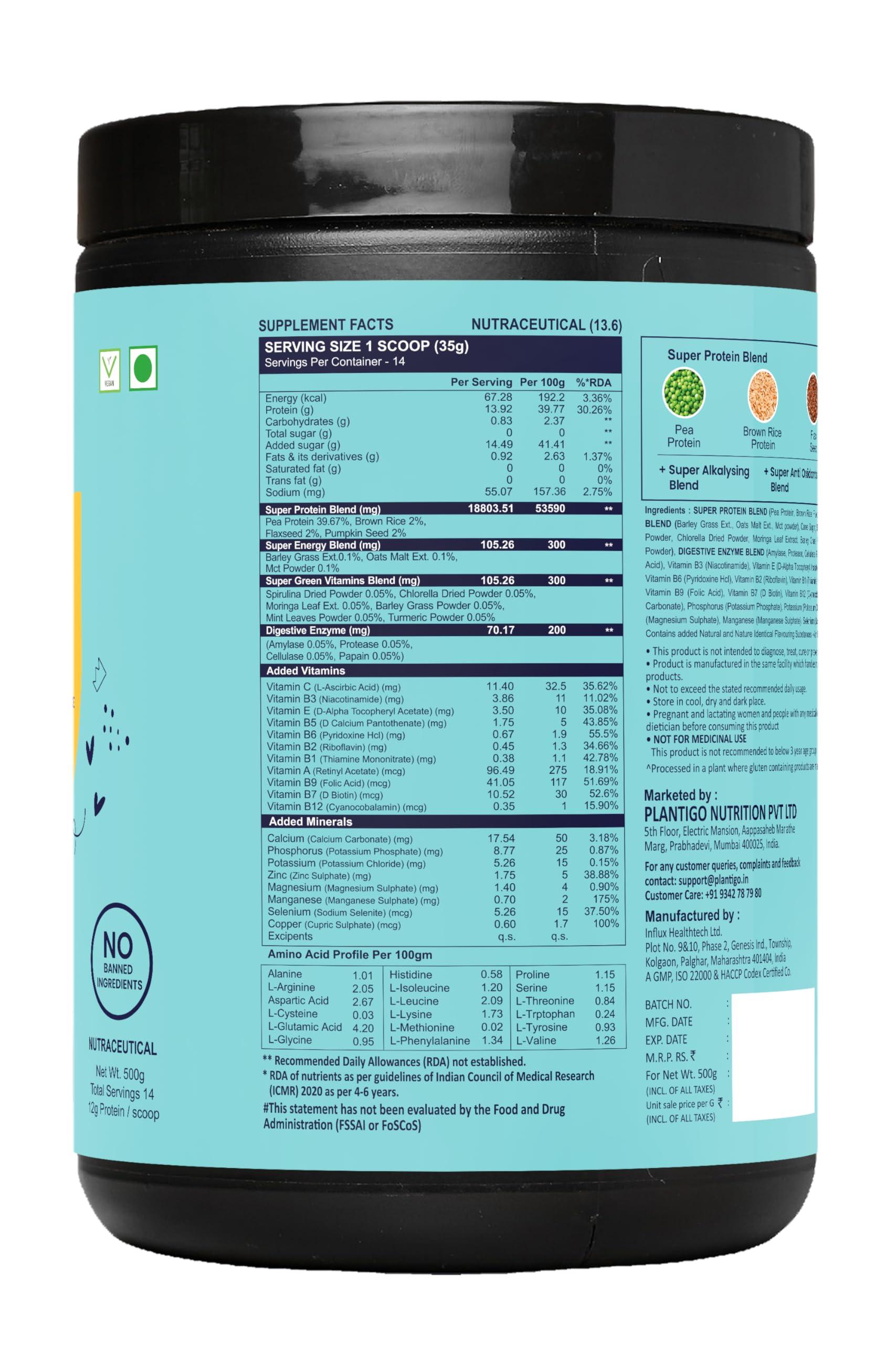 PLANTIGO Plantigo Kids Protein 14g, 11 Vitamins, 8 Minerals, Vegan Nutrition Supplement | Muscle, Bone Growth & Brain Health | Plant Protein Powder for Kids 10+ years | (Vanilla Flavor - 500g + Shaker, 600ml)
