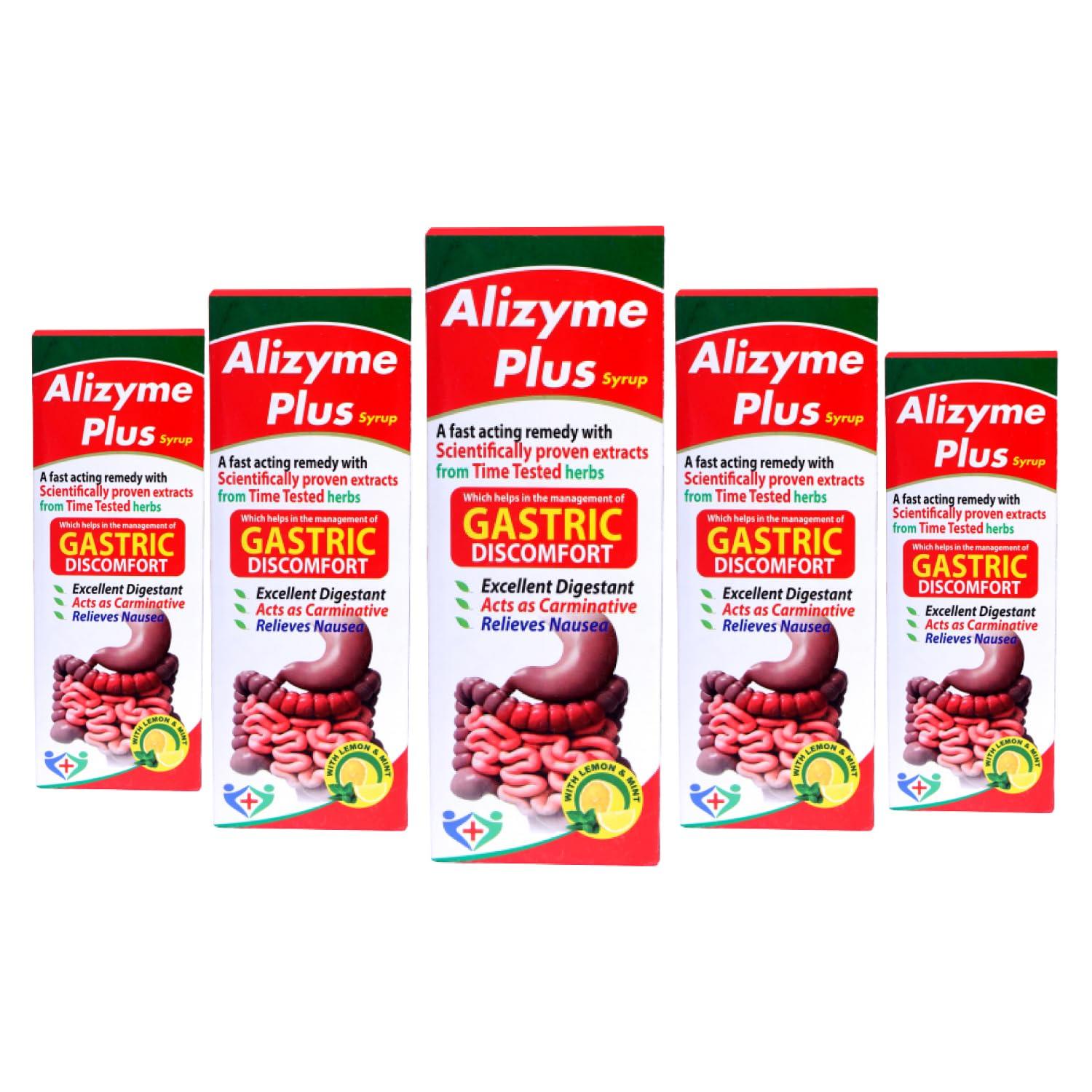 A-LIFE PHARMACY A-LIFE PHARMACY Alizyme Plus Syrup for Gas & Acidity |Relieves Gastric Discomfort | Acts as Carminative | Excellent Digestant | Help in Abdominal Pains & Nausea 1 Lt. (Pack of 5) Flower Lemon & Mint Syrup