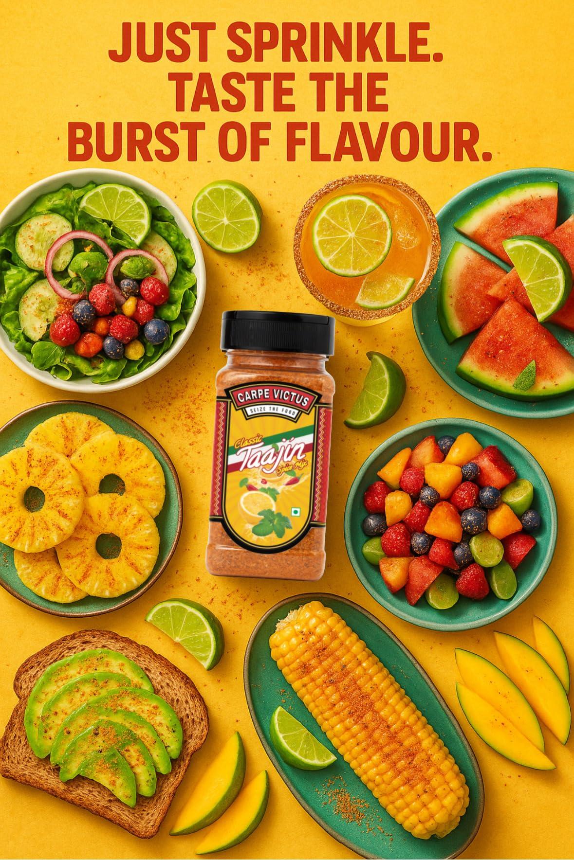 CARPE VICTUS Carpe Victus Jain Tajin Spice Mix 100 gms, No Onion No Garlic Taajin Spice Seasoning for Juices, Fruits, Cocktails, Vegetables, Snacks, Chilli Lime Masala Mix for Drinks, Premium Mexican Masalas