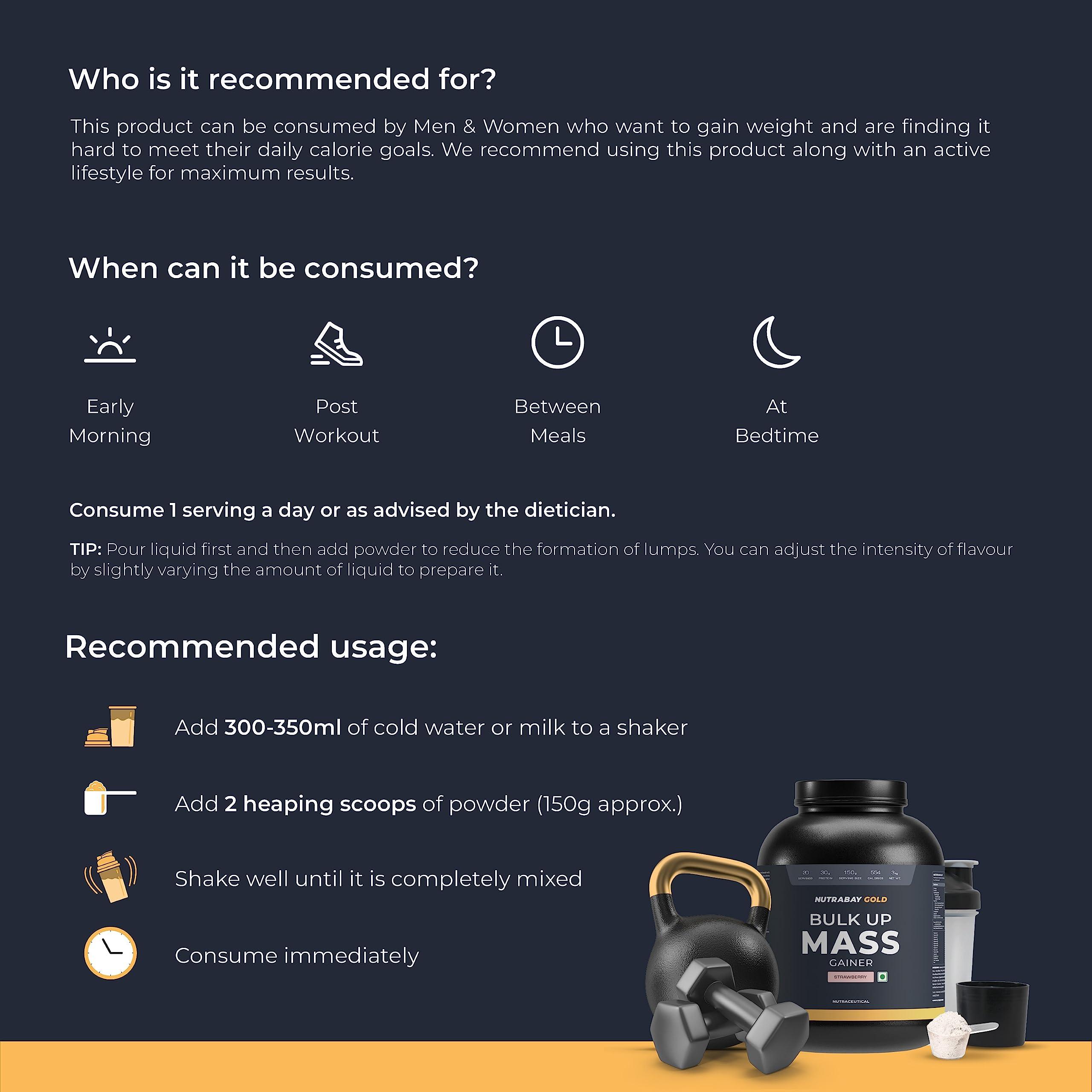 Nutrabay Nutrabay Gold Bulk Up Mass Gainer Powder - 3kg, Strawberry | 30g Protein, 104g Carbs, 554 Calories | Easy to Digest | 100% Veg Muscle Building & Weight Gainer Supplement for Men & Women