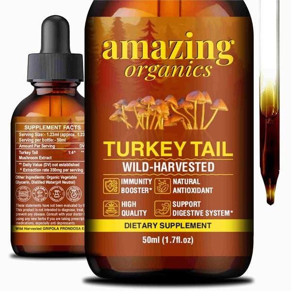 AmazingOrganics Turkey Tail Mushroom Drops - Potent Extract for Daily Wellness, Easy-to-Use, Natural Supplement"