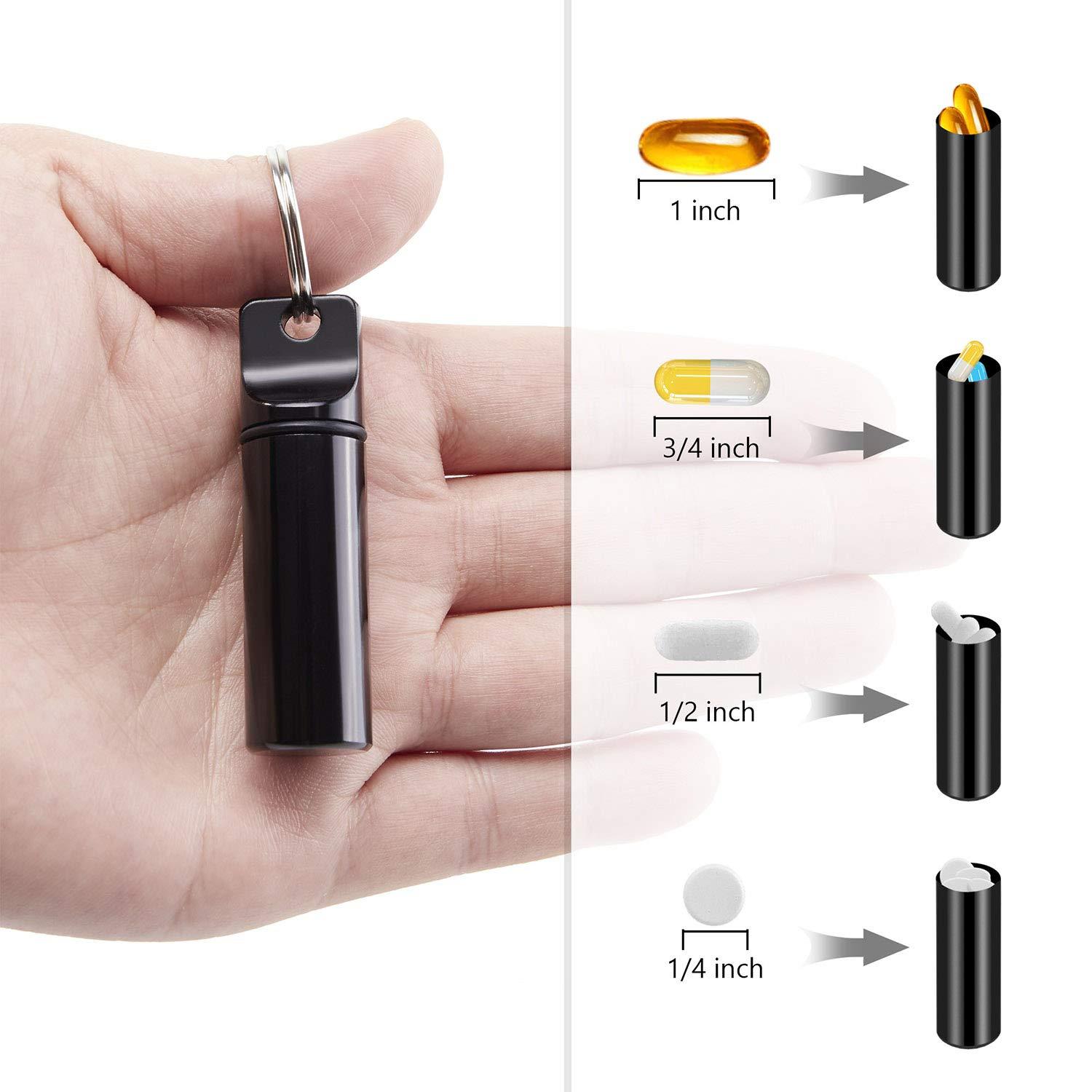 Oupex 2 Pack Small Pocket Pill Box Keychain, Portable Mini Aluminium Alloy Pill Organizer Case Container for Purse, Waterproof Metal Pill Holder Medicine Bottle for Outdoor Camping Travel(Black+Silver)