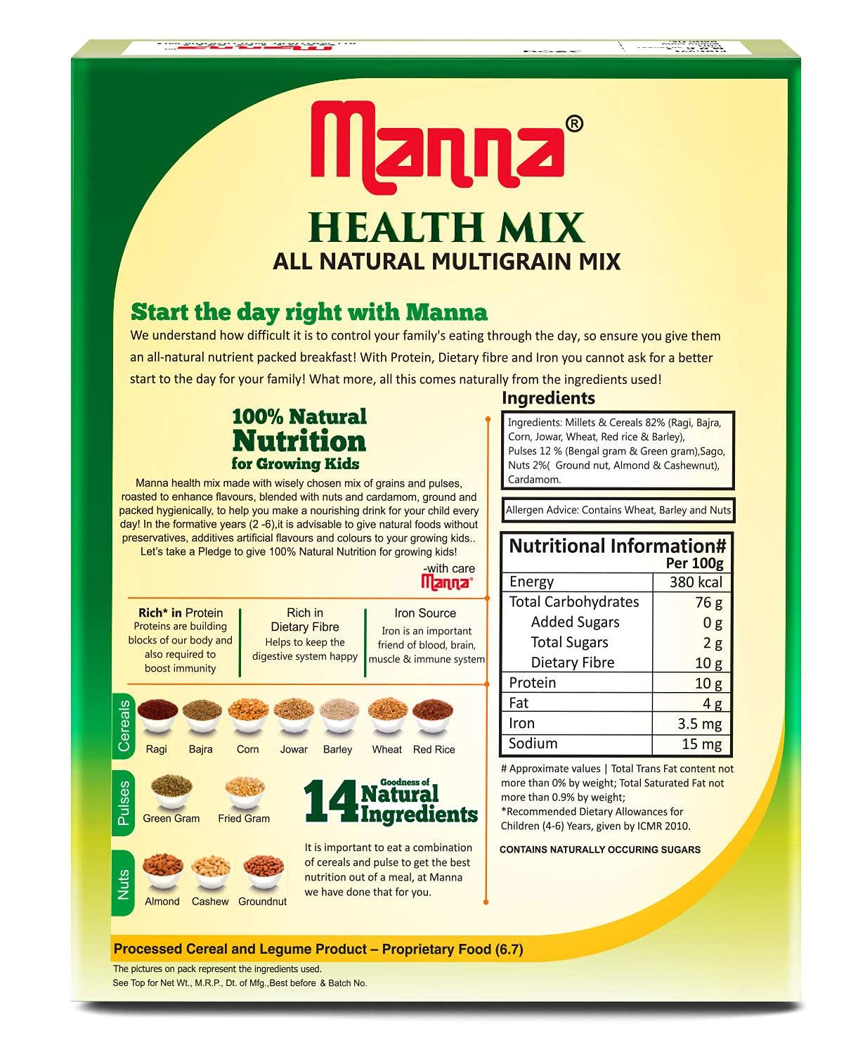 Manna Manna Health Mix, All Natural Kids Nutrition Drink, with 14 Ingredients, Zero Sugar. 100% Natural Nutrition 500g (250g, Pack of 2)
