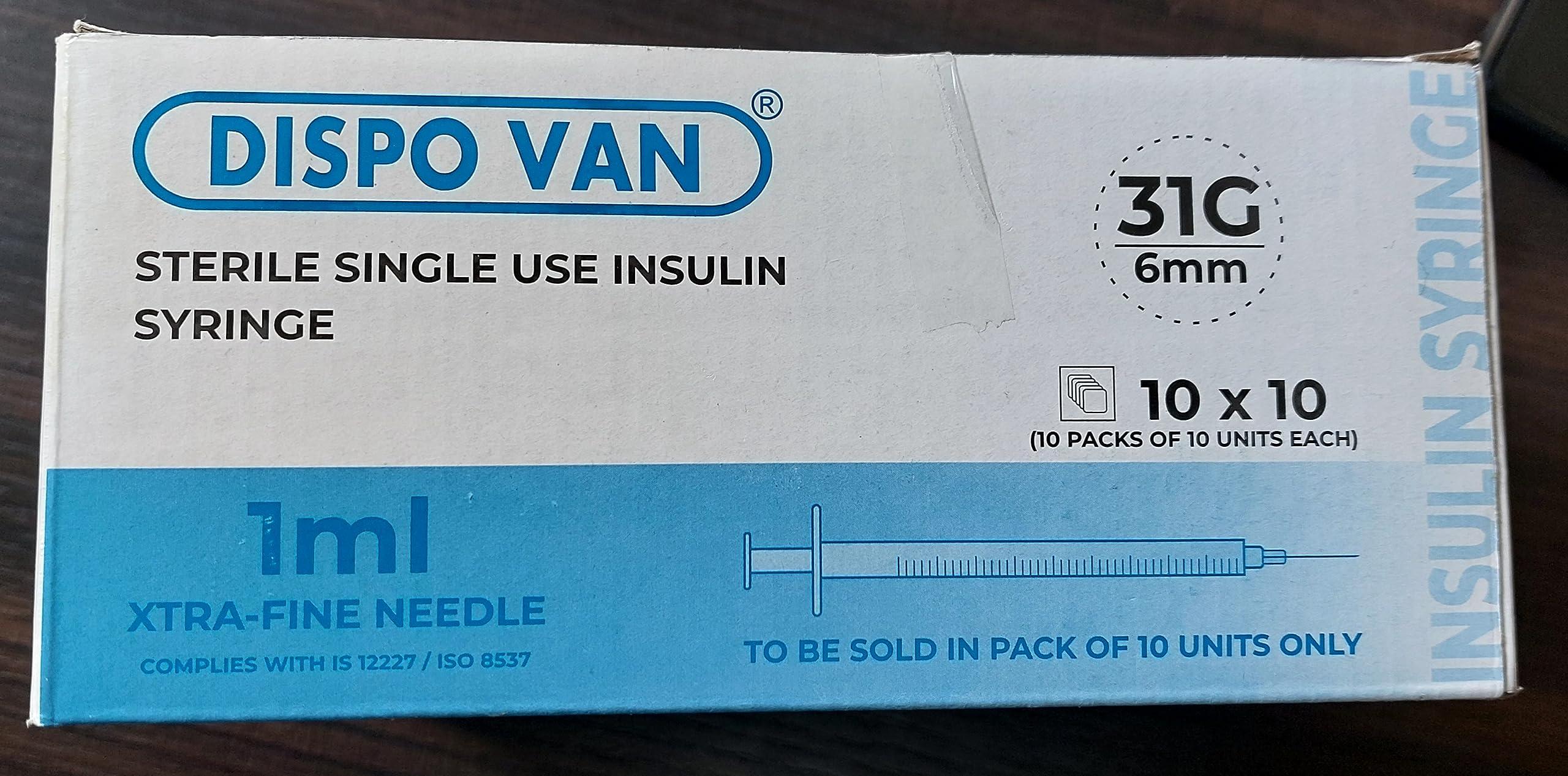 Hindustan Syringes & Medical Devices Ltd Dispovan Single use (disposable) insulin syringes 31G 1ml 0.25x60 (Pack of 100) -(B-Arm)